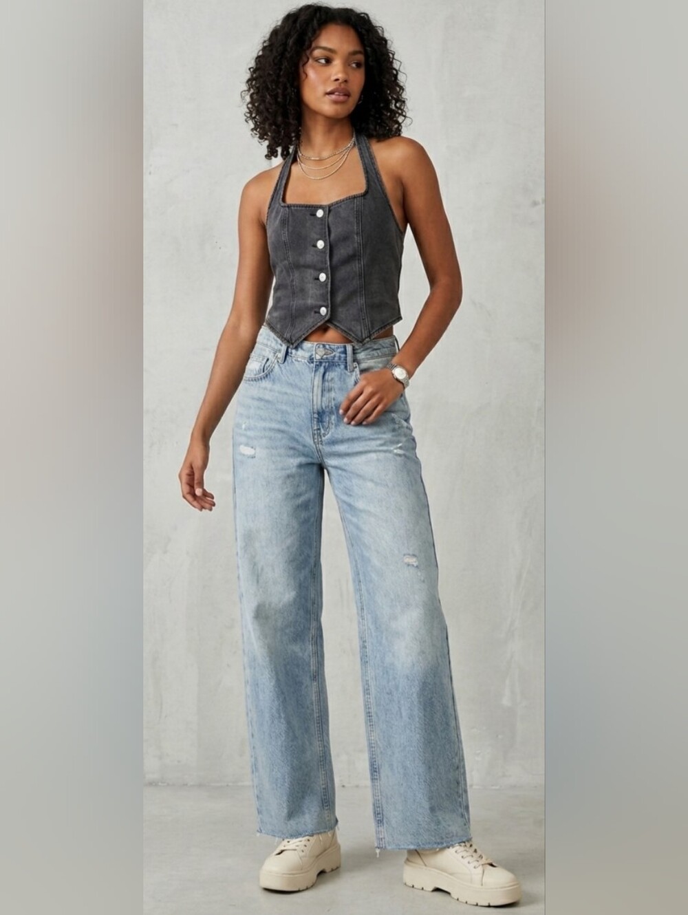 ELLEVEN Grey Denim Halter Vest Cropped Top Smocked Back - Size Medium NWT